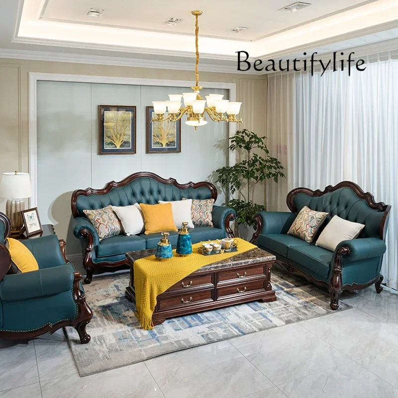 

c American all solid wood sofa first layer cowhide luxury retro walnut wood carving flower leather 123 combination