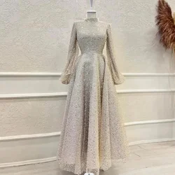 Ciynsia Sparkling Sequin Lace A-Line Prom Dresses Long Sleeves Evening Gowns High Neck Ankle-Length Formal Formal Party Dresses