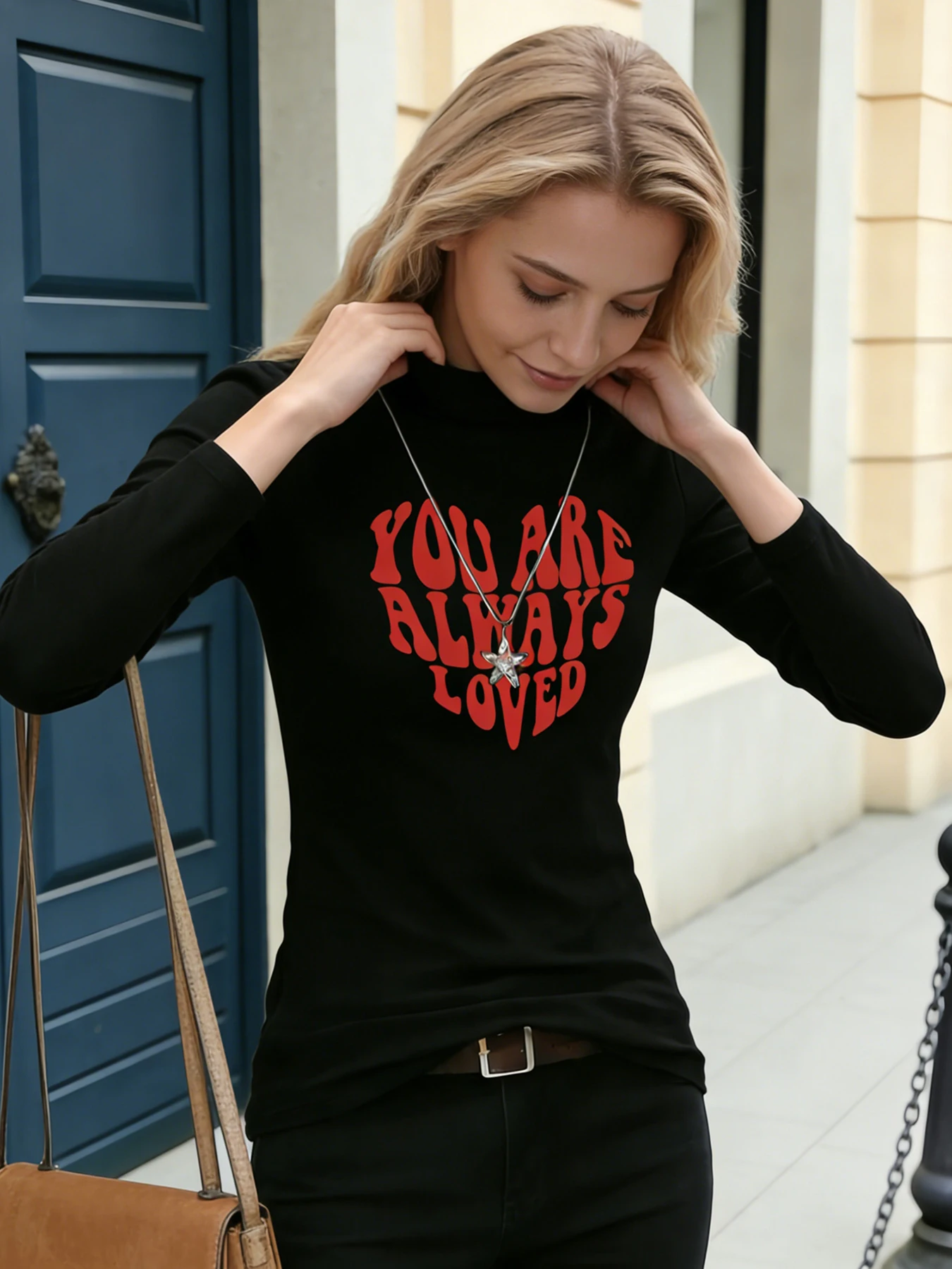 Dames tops met opstaande hals en lange mouwen "Je bent altijd geliefd" Hartprint Casual blouse Mode Dagelijks T-shirt Zachte top Lente Herfst