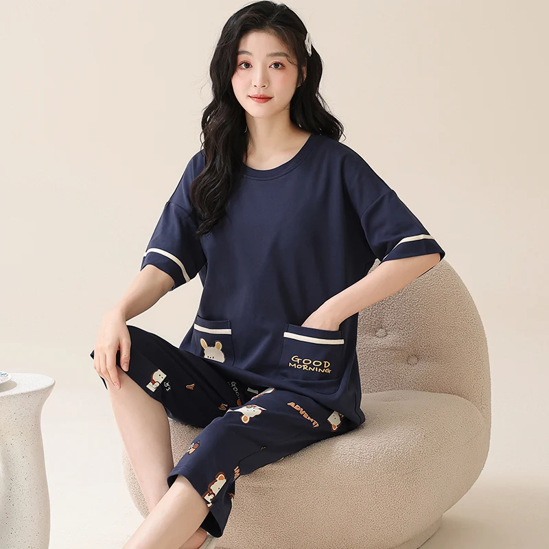 Women Clothes for Summer Pajamas Sets O-Neck Sleepwear Lovely Rabbit Pijamas Mujer Short Sleeve Cotton Sexy Pyjamas Female M-5XL