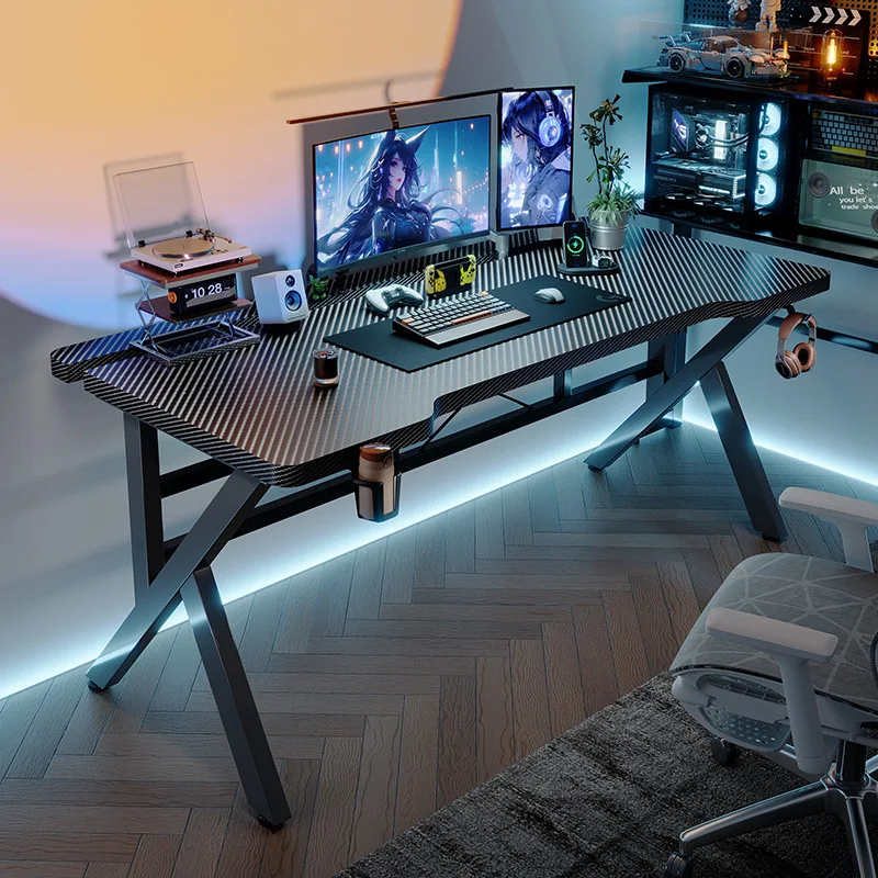 Carbon Fiber Texture Dual Tier Gaming Desk Monitor Stand Solid Wood Minimalist Bedroom Ergonomic Design for Comfortable Gaming