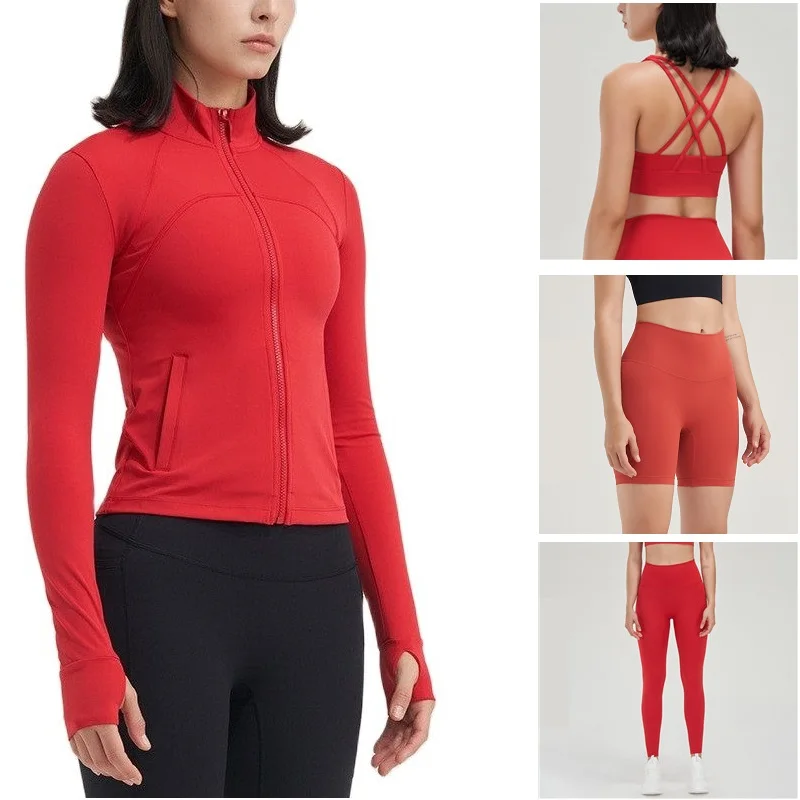 High Quality Solid Color Women Gym Fitness Set Four-piece Cross Bra +yoga Legging+ride Short+sport Jacket Comprehensive Training