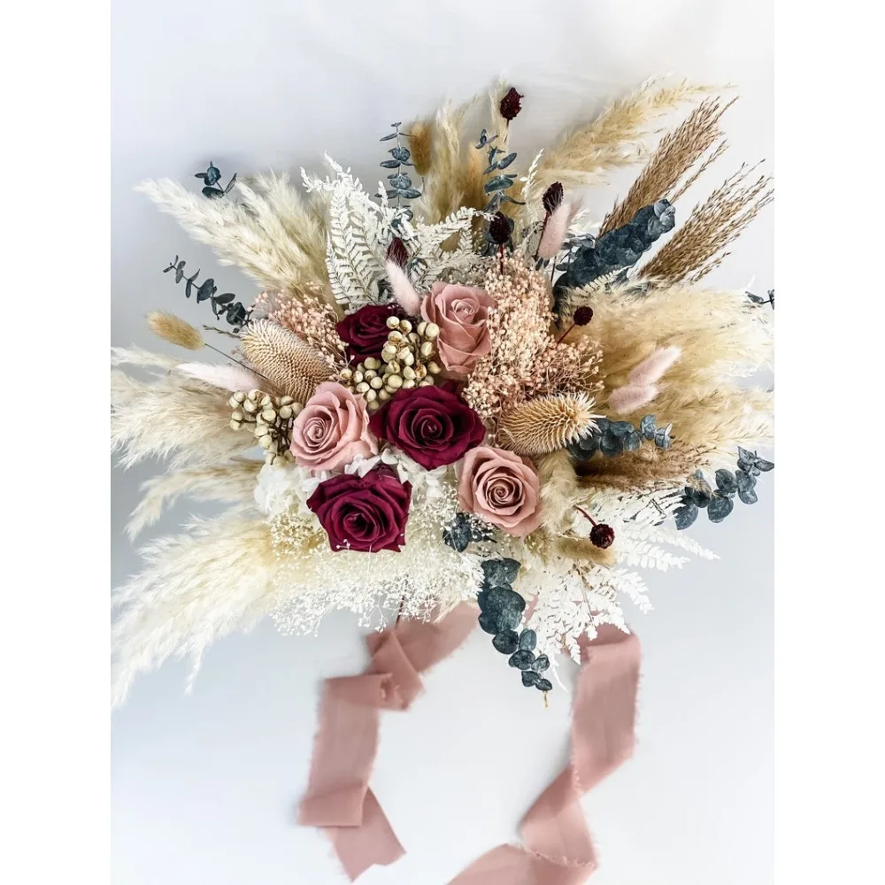 Dusty Rose, Blush + Berry Pampas Grass Bridal Bouquet/ Bride and Bridesmaids/ Dried Flower Bouquet/ Wedding Flowers