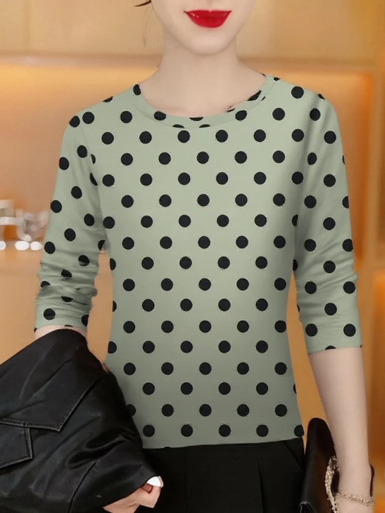 

Elegant Polka Dot Long Sleeve Base Shirt for Women Middle Aged And Elderly Fashionable Slimming Top Breathable Polyester Fiber