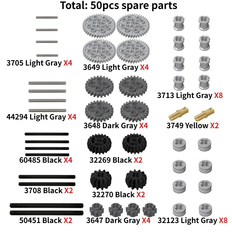 MOC Technology Building Block Components Gear Cross-Shaft Friction-Free Pin Assembly 3749 3713 60485 3649 3648 3647 32123 32269