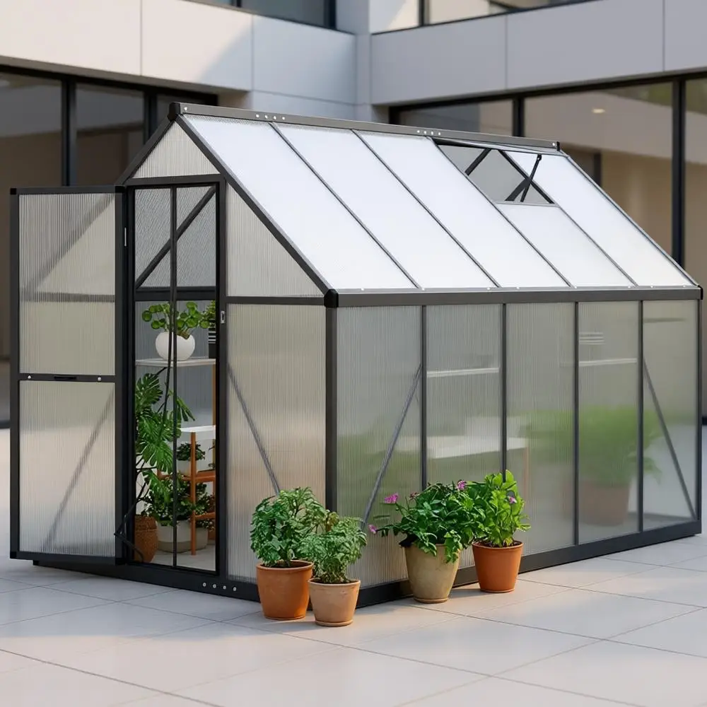 

9.2ft x 6ft UV-Resistant Polycarbonate Walk-In Greenhouse with Lockable Mesh Door, Roof Vent, and 4 Shelves, Black