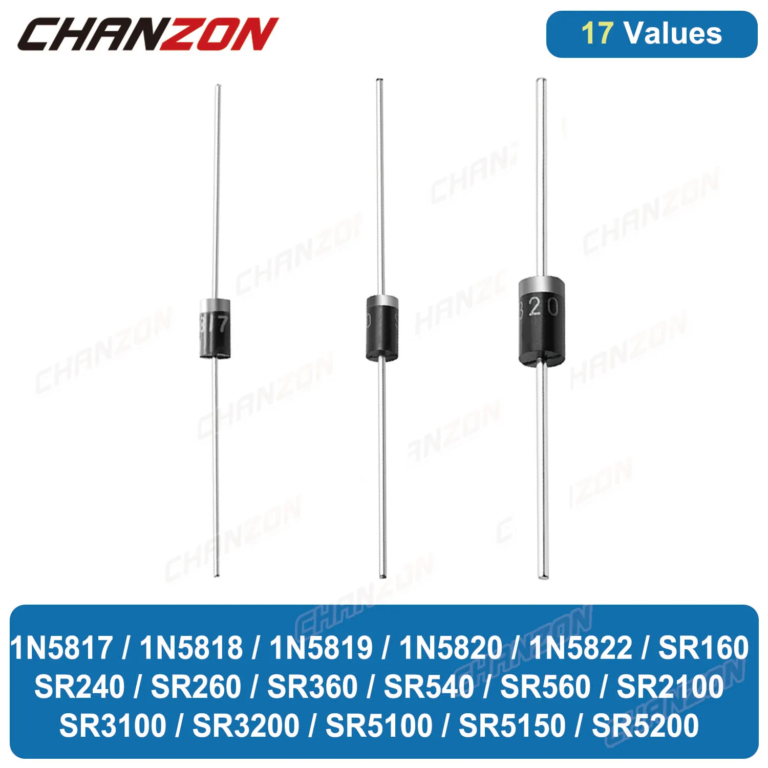 17 Values Schottky Barrier Rectifier Diode 1N5819 1N5822 1N5817 SR5100 SR3100 SR560 SR5200 1N5818 SR360 SR160 SR540 SR5150 SR240