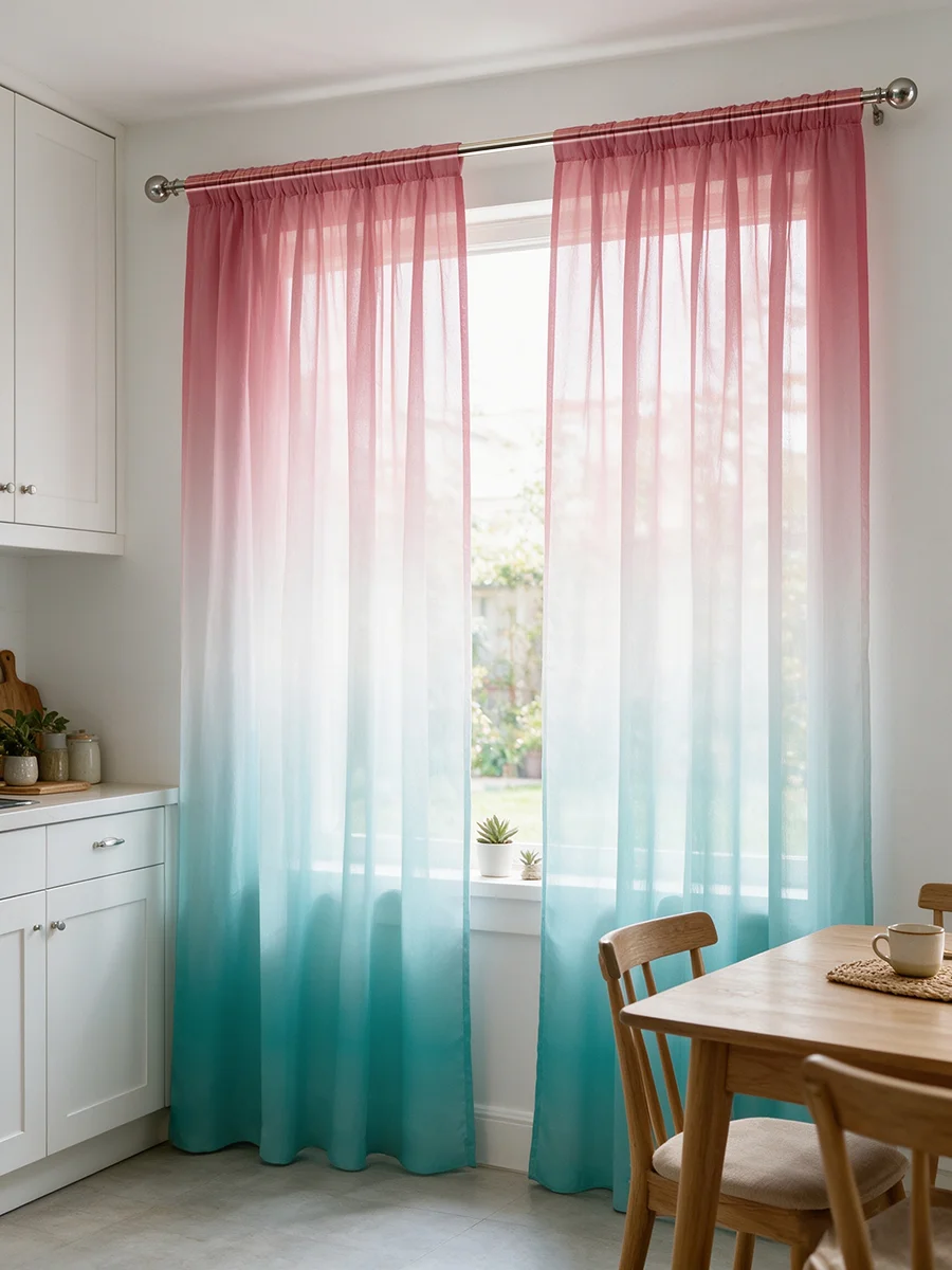 2PCS Gradient Ombre Sheer Curtains, Pink Blue Minimalist Color, Contemporary Window Voile for Bedroom Living Room Home Decor