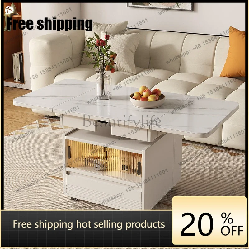 Lift Fold Coffee Table Sintered Stone Multi Desk Glass Sensor Light Storage Mobile Living