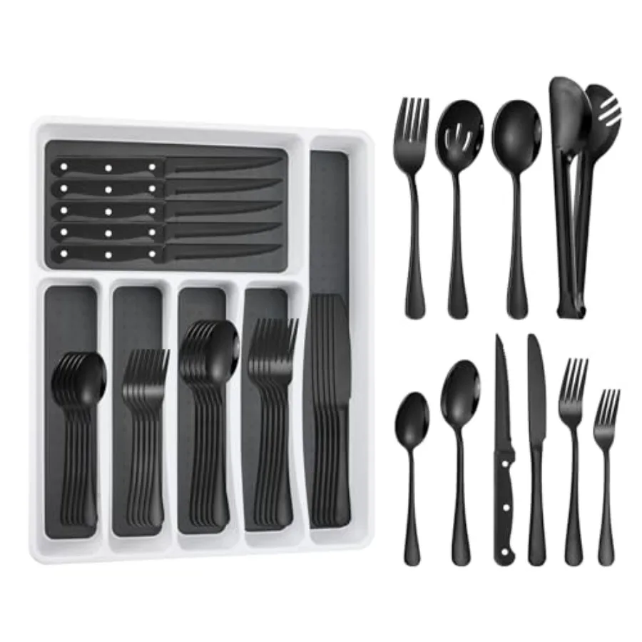 

65PCS Black Silverware Set for 10 with Flatware Drawer Organizer, Stainless Steel Cutlery Set with Steak Knives, Include Spoons