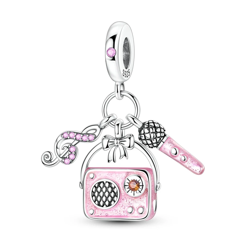 

925 Sterling Silver Pink Charms Bead CZ Zircon Sound System Microphone Notes Dangle Fit Original Bracelet DIY Women Jewelry Gift