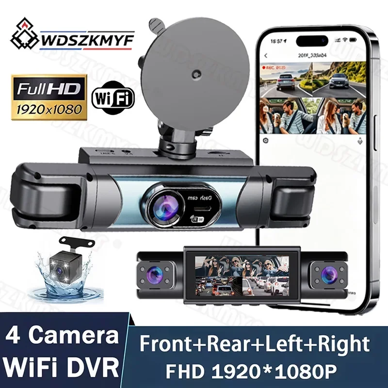 3/4 Channel 360 Degree Dash Cam for Cars FHD 1080P WiFi App Car DVR with 4 Camera Lenses Video Driver Recorder Rear View Camera