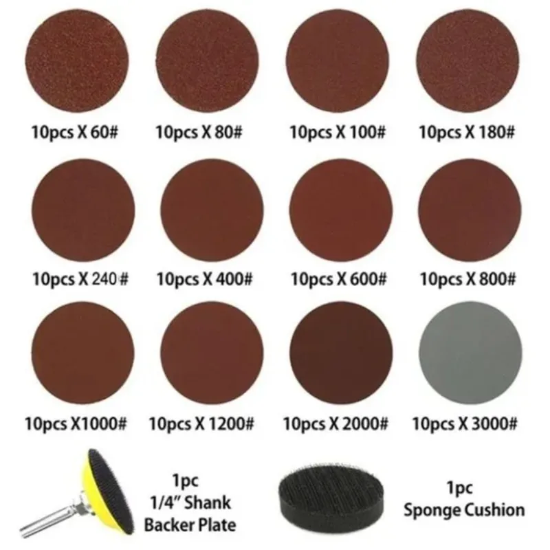 120pcs 2inch Polishing Pad 60-3000 Grit Sander Disc Sanding Sandpaper Tool with Shank Backer Plate and Sponge Cushion