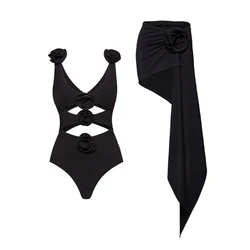 2023 Women One Piece Swimsuit Black Hollow Out Female Swimwear Sexy Monokini Beachwear Bathing Suit Irregular Hemline Design