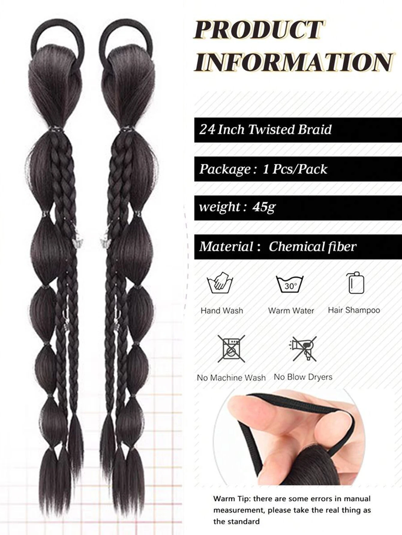 Synthetic Long Straight Hair Natural Bubble Braid Plait Ponytail Wig With Rubber Band Natural Fashion 18 Inch Synthetic 1B#