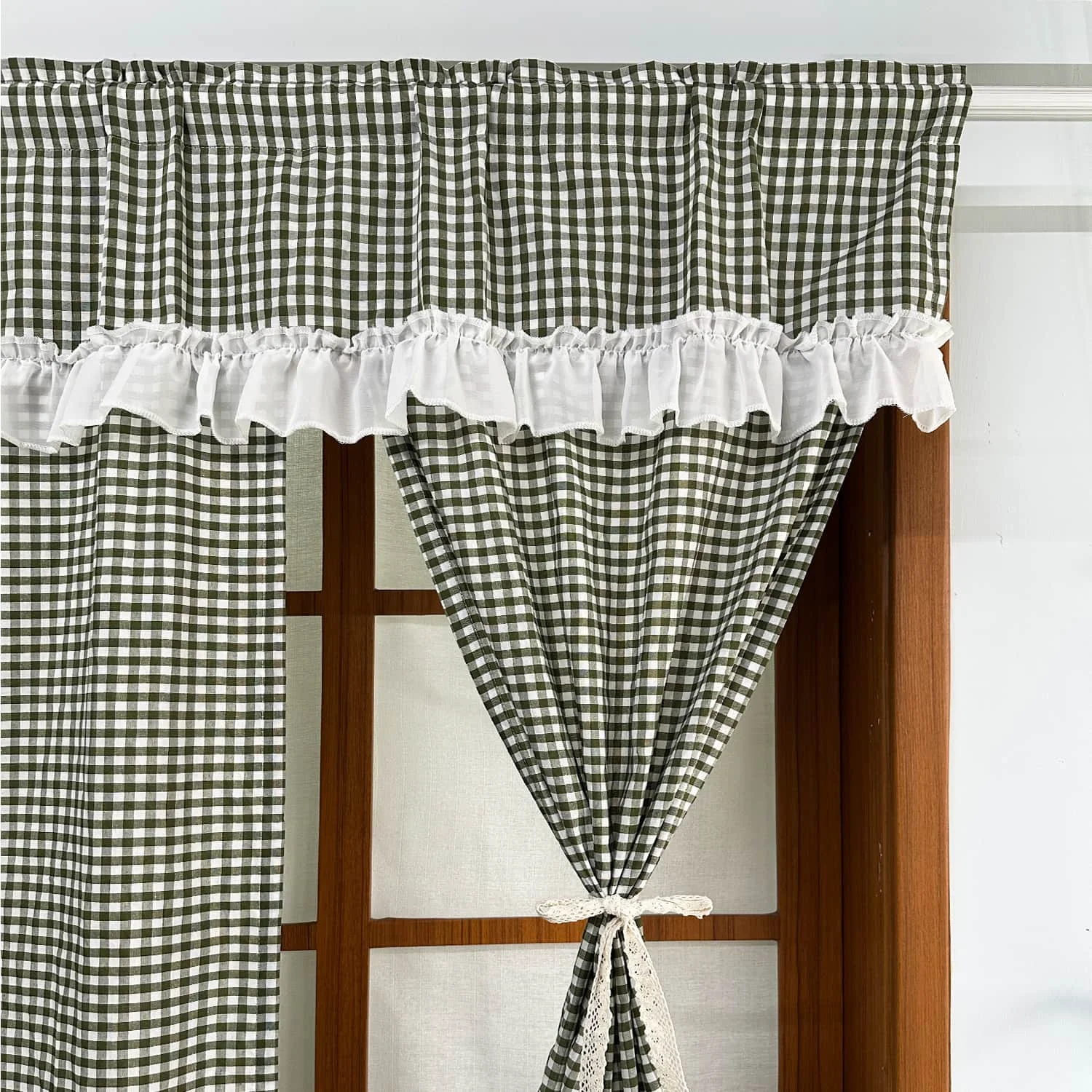 Farmhouse Country Gingham Cafe Curtain Set Ruffled Valance with Two Panel Side Curtain for Kitchen Vacation Home Christmas Decor