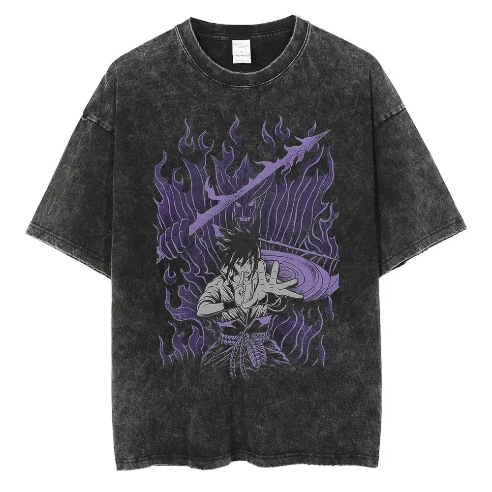 Kyuubi Kurama Washed T Shirt Harajuku Streetwear Hip Hop Japanese Mnaga Graphic T Shirts Cotton Summer Short Sleeve Vintage Tops