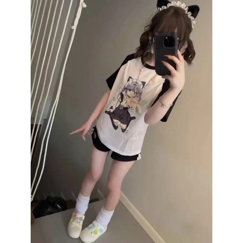 Nero bianco manica corta sottocultura Anime stampato Y2k t-shirt sciolto Patchwork Harajuku donna top Casual giapponese dolce Tees