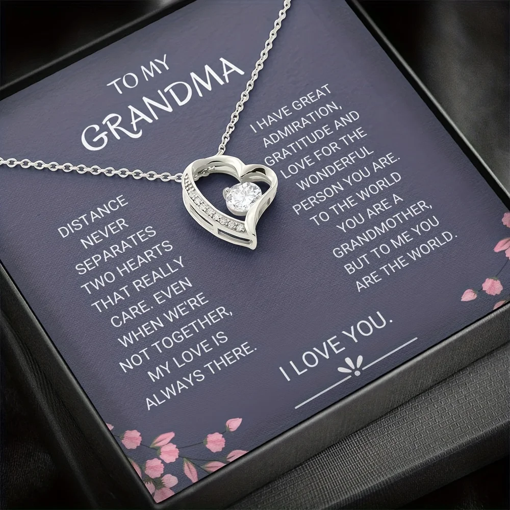 Grandmother Gifts, Gift For Grandmother, Message Card Jewelry Cubic Zirconia Decor Heart Shape Pendant Necklace