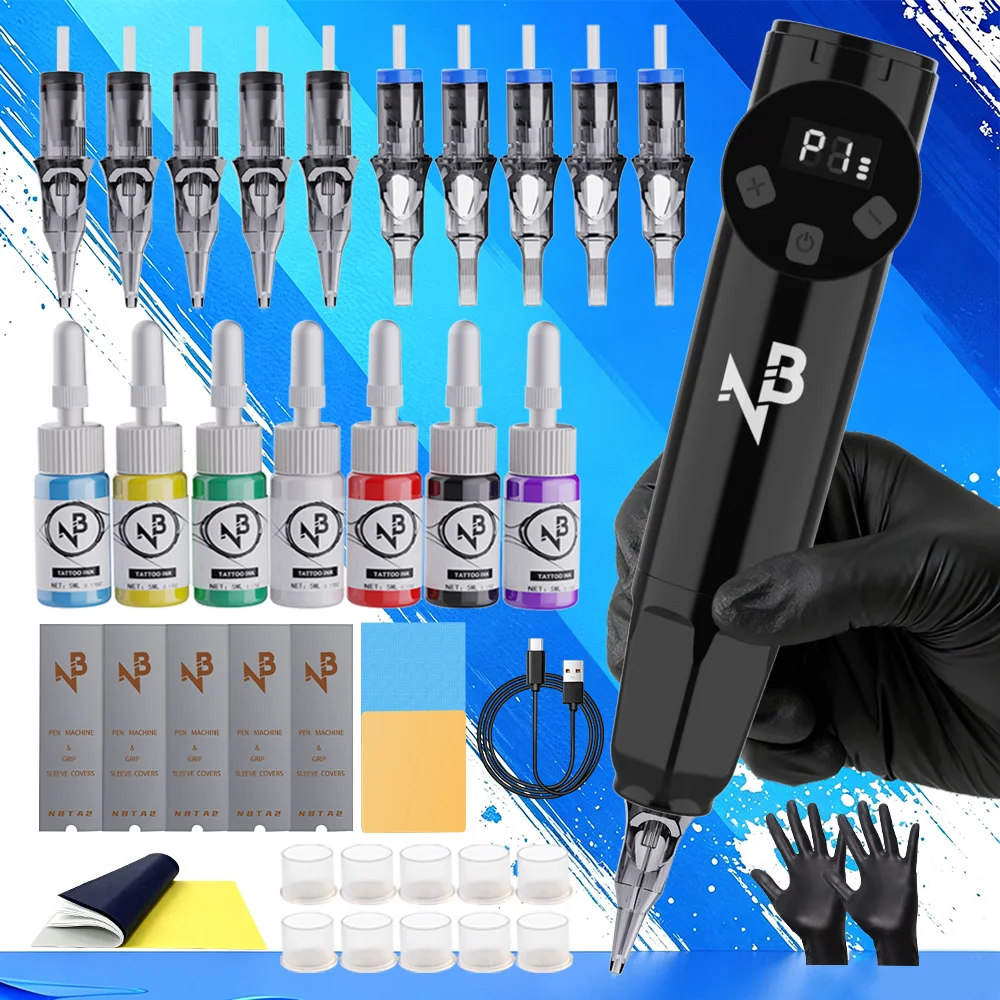 NB Black Wireless Rotary Tattoo Pen Kit, Complete Tattoo Starter Set with 7 Colors Tattoo Ink, Cartridge Needles