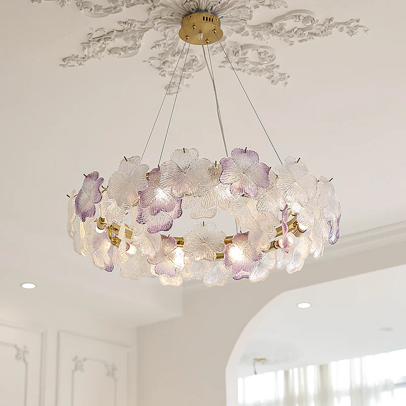 

French Gold Ring-shaped Pendant Lights Pink/Purple Four-leaf Clover Glass Hanging Lamp Living Room Bedroom Restaurant Chandelier