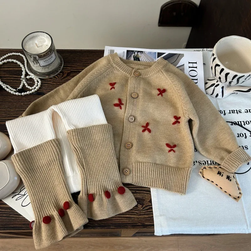 

Children's Clothing2025New Autumn Girls' Bowknot Sweater Cardigan Knitted Pile Socks Leggings Two-Piece Set