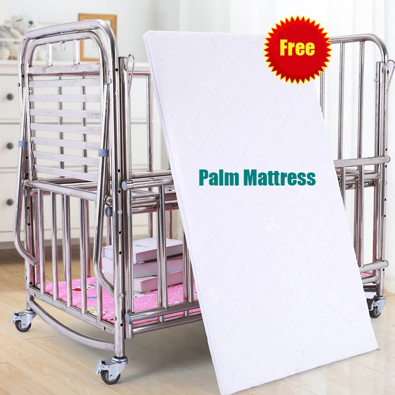 Stainless Steel Newborn Baby Crib With Palm Mattress, Can Extend Or Height Adjust Accompany Bed, Multifunctional Rocking Cradle