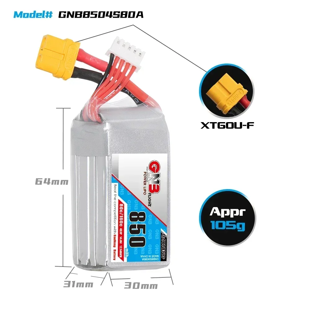 Oryginalny akumulator GNB 2S/3S/4S 850mAh 7.4V/11.1V/14.8V 80C Lipo do dronów wyścigowych FPV RC Quadcopter Battery z wtyczką XT30/XT60