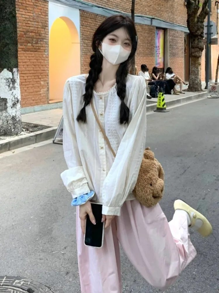 

Женская свободная рубашка с круглым вырезом для ранней весны, в расслабленном стиле, из полиэстера, с длинным рукавом, на пуговицах, повседневная одежда