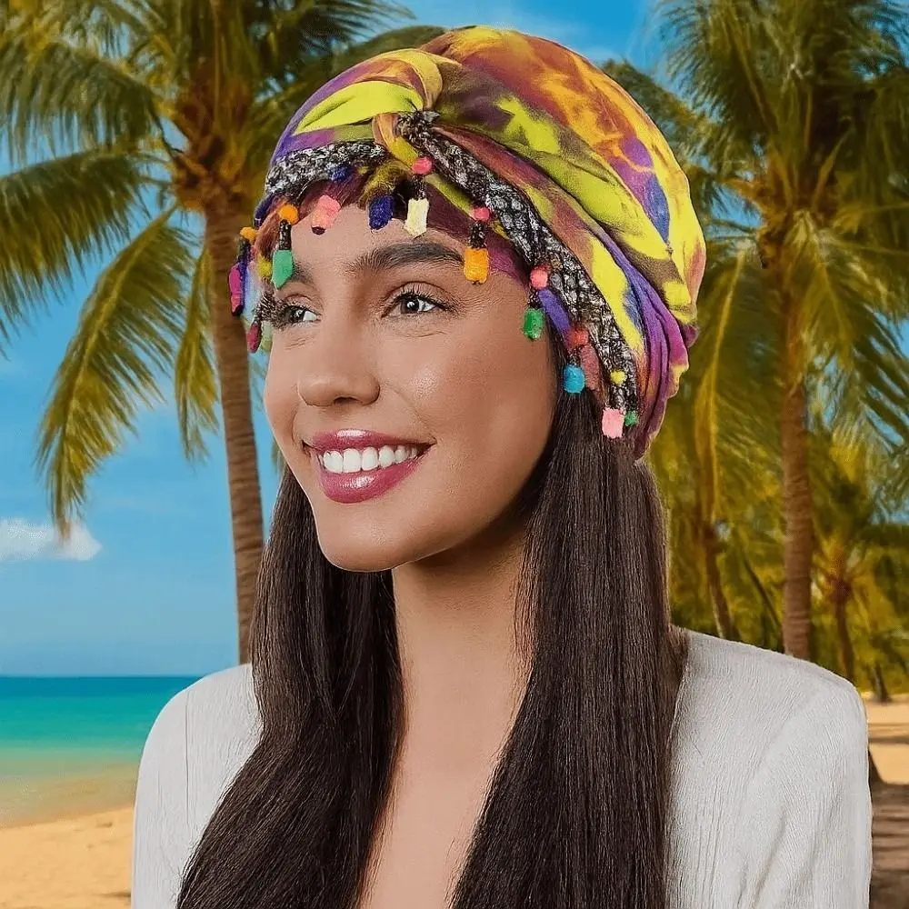 

Fashion Elastic Colorful Beaded Headscarf Hijab Ethnic Style Pre-tie Head Wraps Headgear Solid Color Jacquard Pullover Cap Men