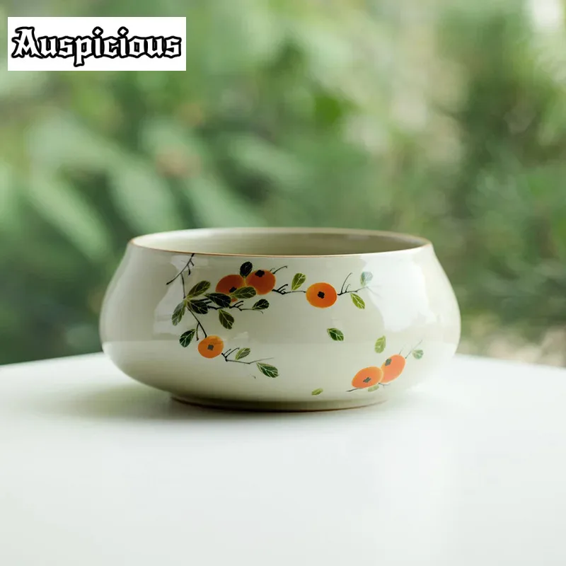 1080ml Pure Hand-painted Persimmon Ceramic Tea Washing Bowl Large Water Pen Washing Bucket Tea Residue Barrel Tea Cup Storage