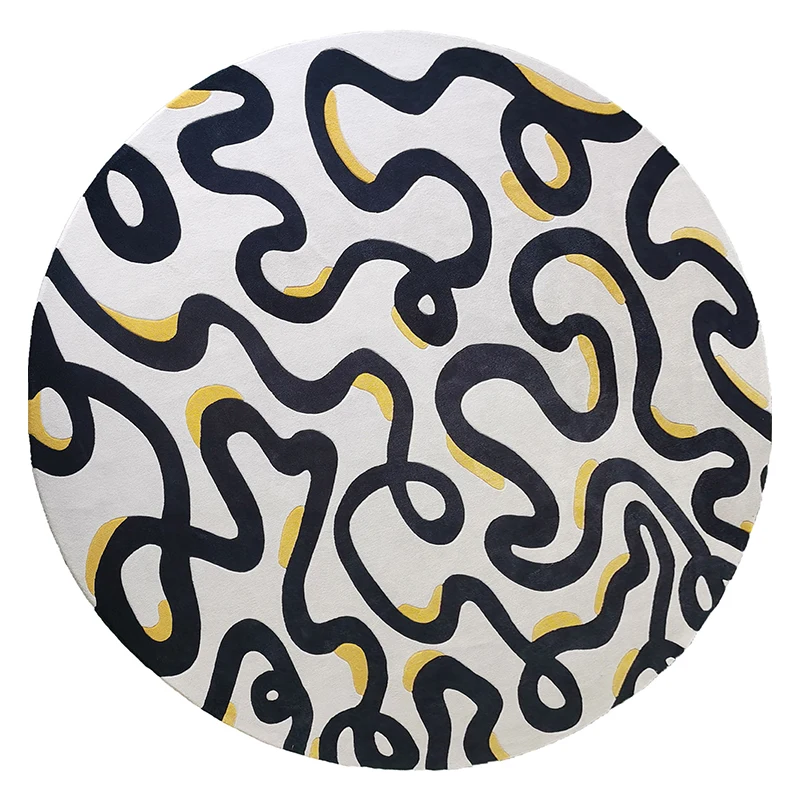 Round Rug, Black and White Curved Design Floor Carpet for Living Room, Modern Home Decor Accent