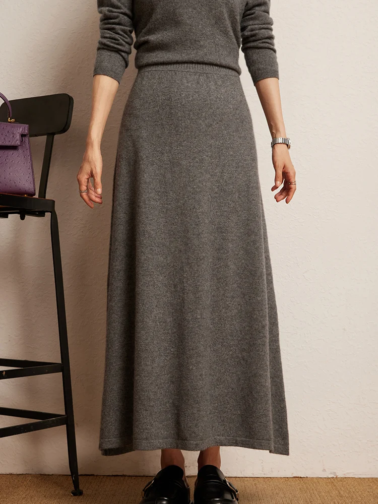 Basic Women's Cashmere A-Line Skirt Office Lady Classics High Waist Skirt Autumn Winter Loose Casual 100% Cashmere Knitted Dress