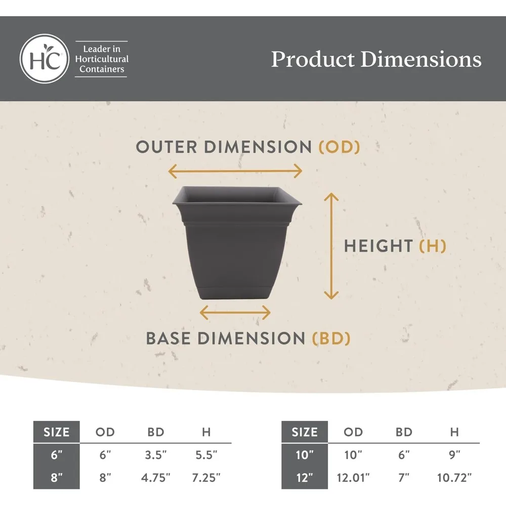 Plantadores quadrados de 12 polegadas com drenagem e pires, vasos externos de plástico leves e resistentes a UV, pacote com 2 para decoração de jardim, preto
