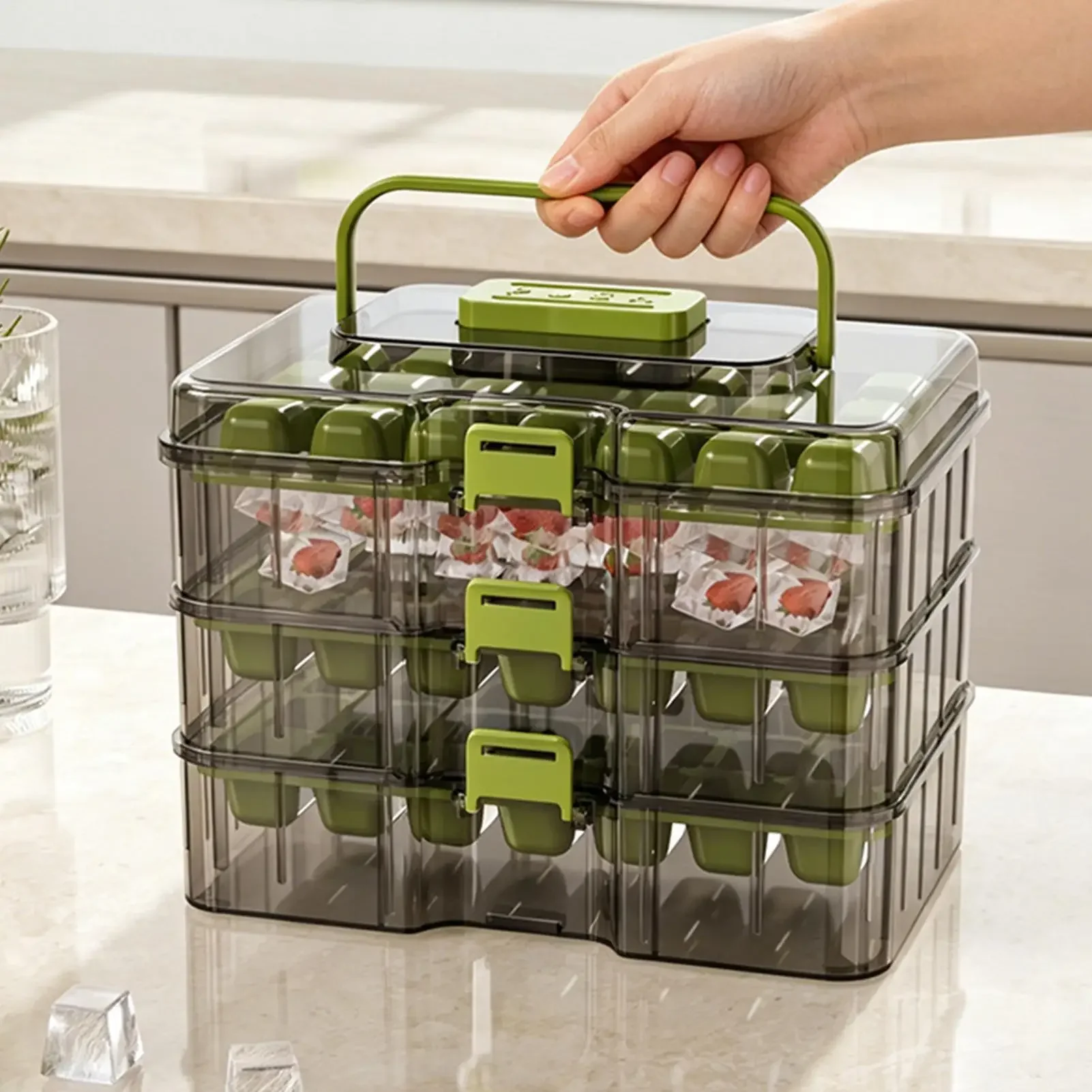 Ice Cube Tray with Lid and Bin 63-Hole Cold Drink Making Easy Release Ice Maker for Drinkers Entertainers Homeowners Bartenders
