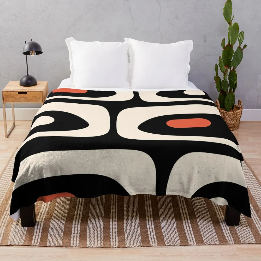 Mid Century Modern Piquet Abstract Pattern Black, Orange, and Almond Cream Throw Blanket sofa bed Beach Beautifuls Blankets