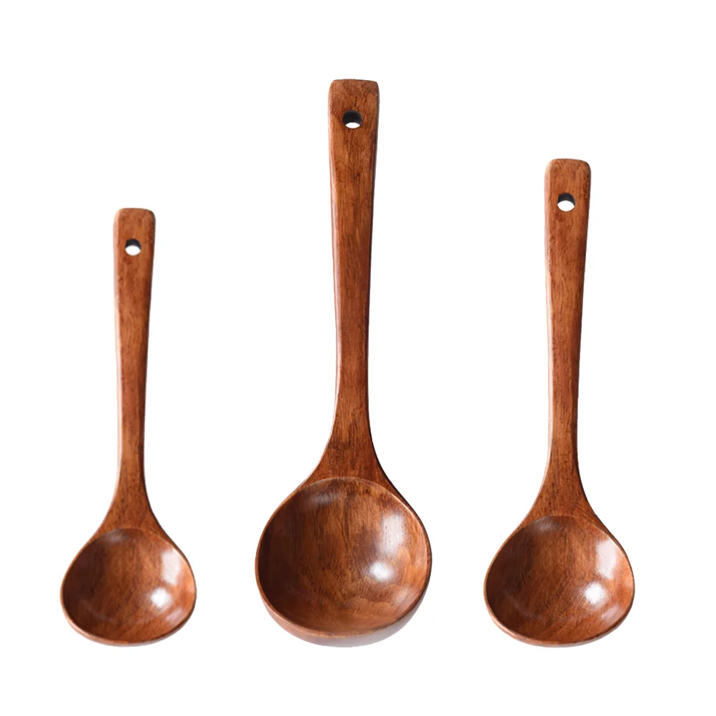 3pcs Wooden Soup Spoons Long Handle Spoon Serving Scoop Kitchen Utensil Tableware for Home Restaurant (245x75+205x6+18x6)