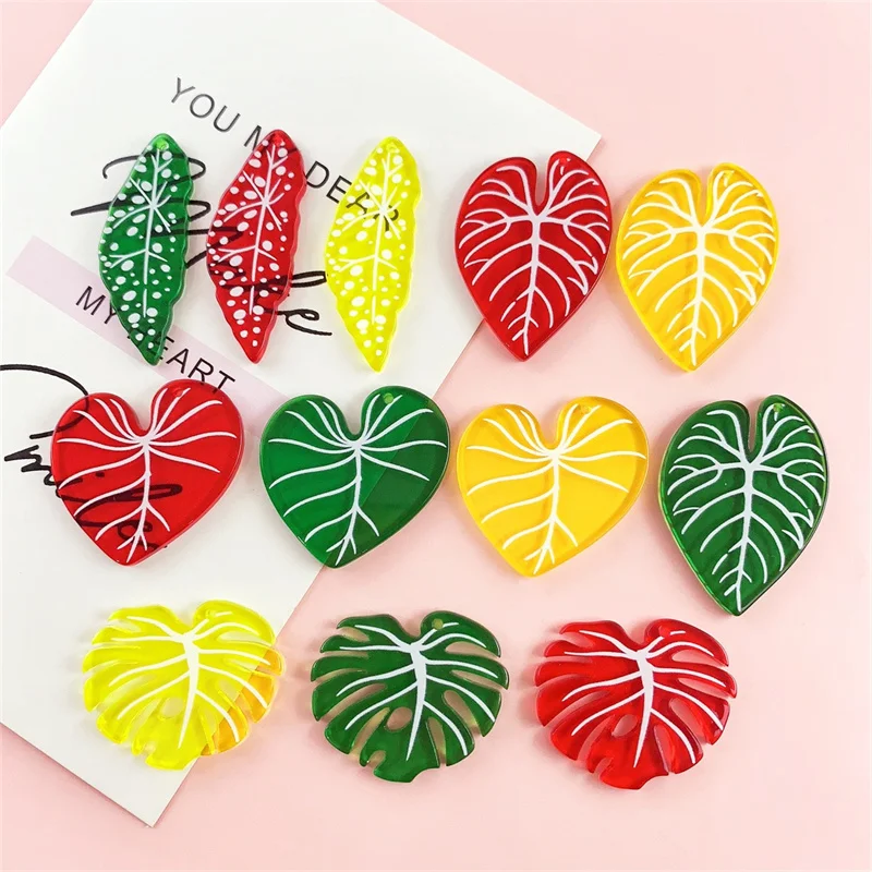 Summer Style 56pcs/lot Color Pattern Print Cartoon Hearts Leaf Shape Leaves Beads DIY Jewelry Garment Hair Accessory