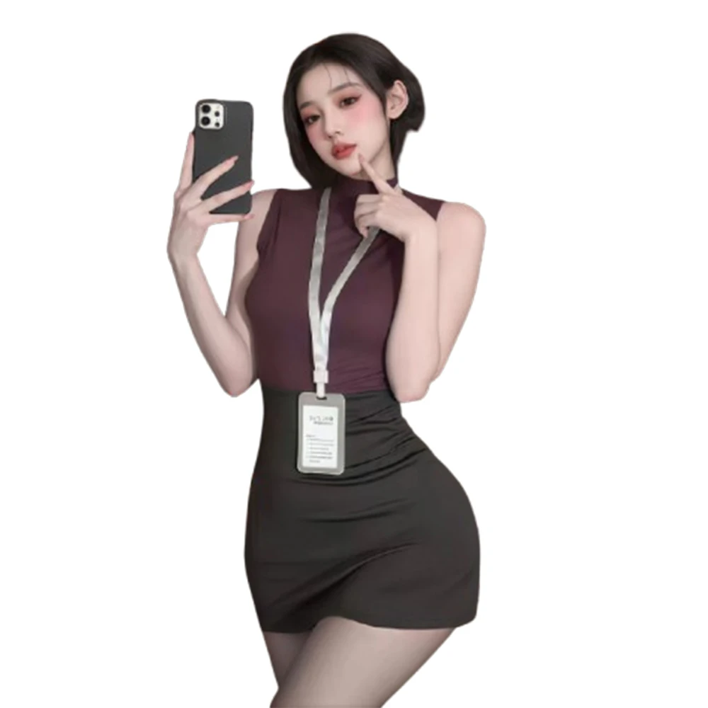 

Sexy Easy Wear OL Secretary Lingerie Set Sleeveless Slim Half Neck Top High Waist Bodycon Hip Skirt Role Play Uniform for Women