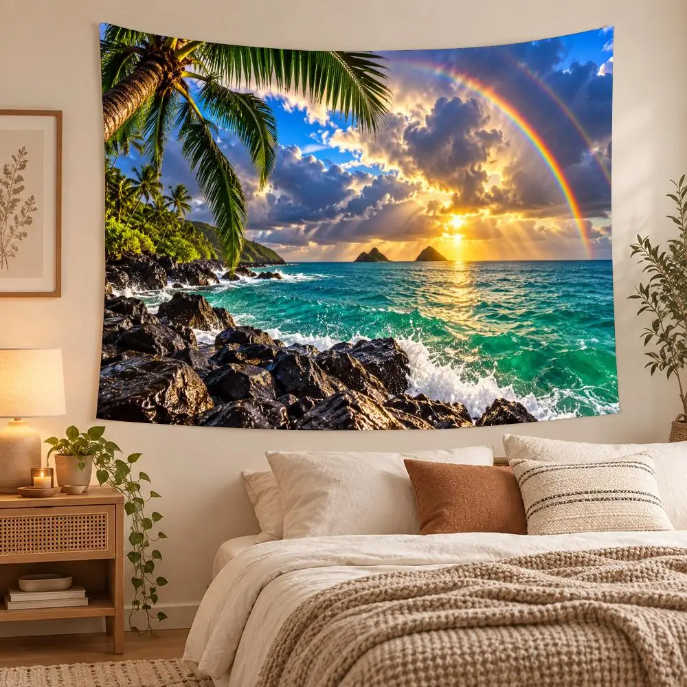 Green Plant Seawater Landscape Tapestry Durable Soft Microfiber Horizontal Wall Hanging Decor For Bedroom Patio Garden Parties