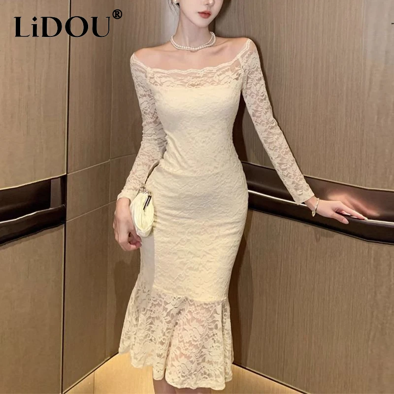 Spring Summer Off the Shoulder Elegant Fashion Bodycon Mermaid Lace Dress Ladies Long Sleeve Temperament Evening Robe Vestido