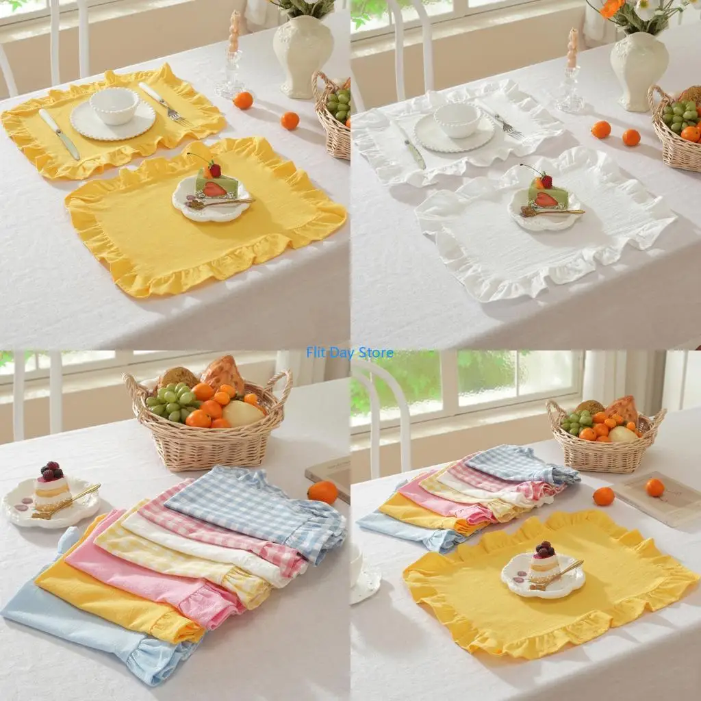 F92C Farmhouses Ruffle Edges Gingham Plaids Table Mat Washable Rectangular Placemat Drink For Party Dining Decors