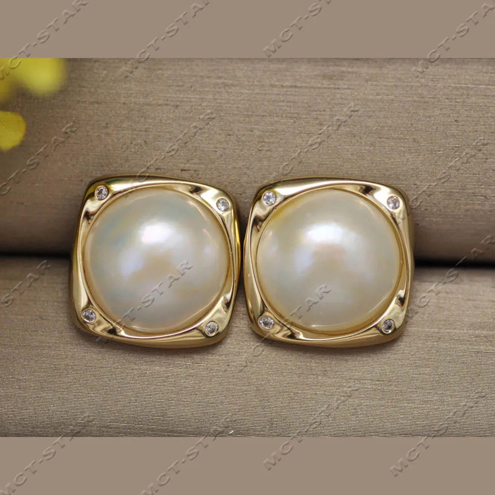 Z14416 Natural Real 19mm White South Sea Mabe Pearl Square CZ Stud Earring