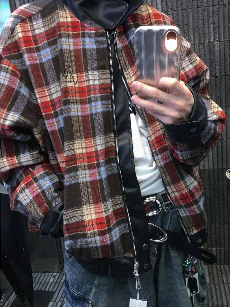 

Двусторонняя куртка из искусственной кожи в клетку, свободного кроя, повседневная, осенне-зимняя, в американском ретро-стиле, для пар, с отложным воротником