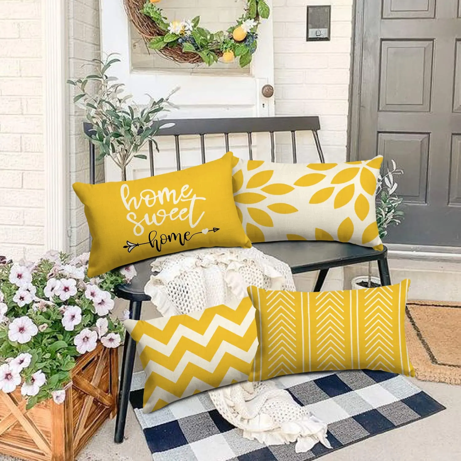 Home Decor, Outdoor Decor Cushion Cover, Yellow Geometric Linen Decorative Pillowcase for Car, Bedroom, Sofa, Chair, Bed, Garden