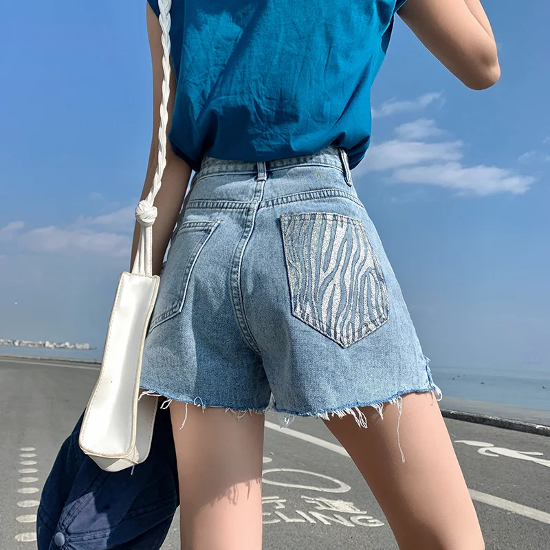 Fashion Women Denim Shorts Zebra-Stripe Pocket Ripped Hole Hot Pants Summer Raw Edge A-Line Casual Jean Shorts