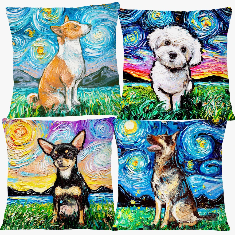 Vincent Van Gogh Dogs Cushion Covers Pitbull Maltipoo Jack Russell Corgi Basenji Dachshund Weimaraner Dog Lover Pillow Case