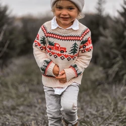 6M-3Y Baby Boy Christmas Sweaters Long Sleeve Button Round Neck Truck Print Knit Pullovers Infant Jumper Tops