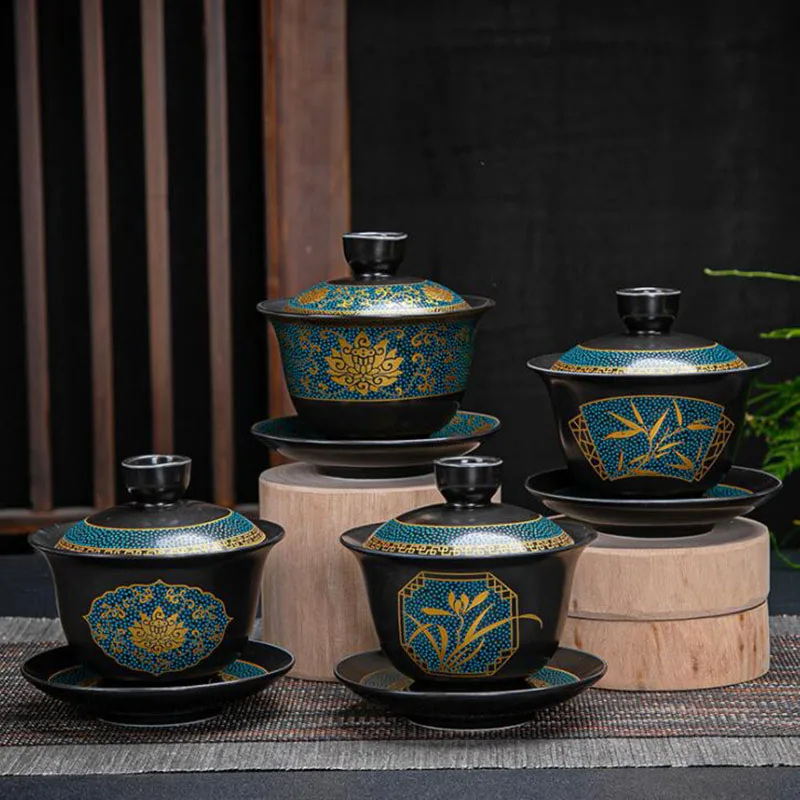 Gold Outline Floral Pattern Tea Tureen Retro Black Glazed Pocelain Sancai Gaiwan Kitchen Teaware Kungfu Tea Cup 170ml