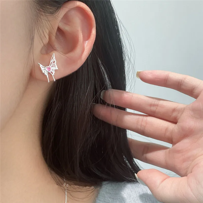 

Japanese Style Asymmetrical Hollow Butterfly Stud Earrings For Women S925 Pure Silver Trendy And Charming Party Jewelry